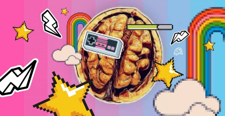 Noix représentant un cerveau avec une manette, des étoiles et un arc-en-ciel, symbolisant les bienfaits cognitifs du gaming.