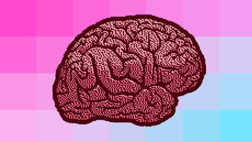 Cerveau pixelisé illustrant la plasticité cérébrale stimulée par les jeux vidéo.