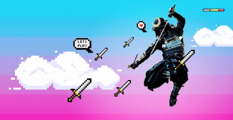 Héros pixel art samurai illustrant la philosophie de vie des gamers.