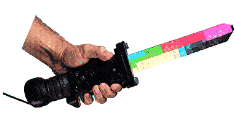 Une main tenant une manette de console en forme d'épée.