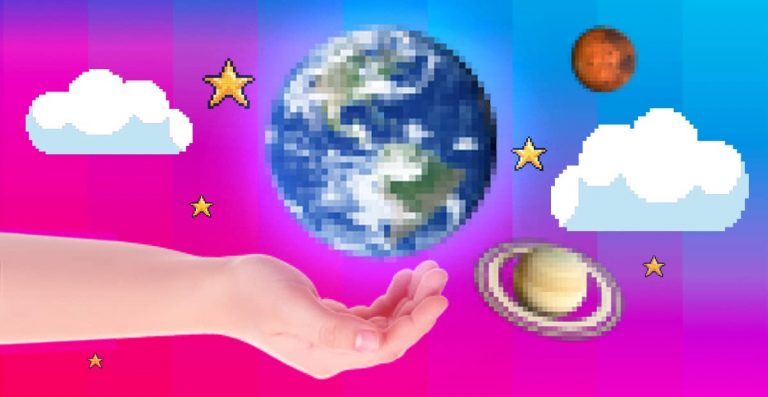 Image d'un enfant tenant une planète dans la main pour illustrer les phases de création d'un jeu vidéo.
