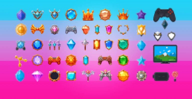 llustration représentant différents genres de jeux vidéo, avec des icônes stylisées d’épée, de fusil futuriste, de puzzle et de personnage robotisé dans un univers coloré.