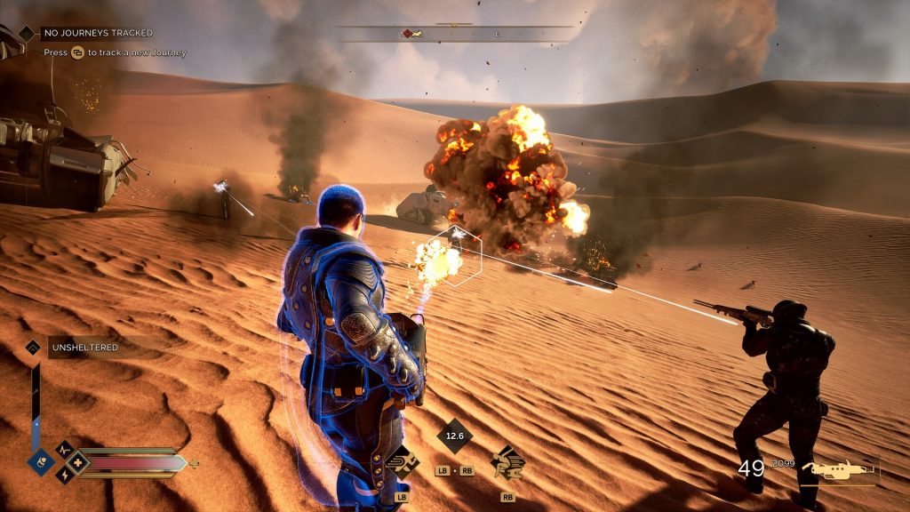 On voit deux coéquipiers tirer sur des ennemis dans le jeu PC massivement multijoueur Dune: Awakening.