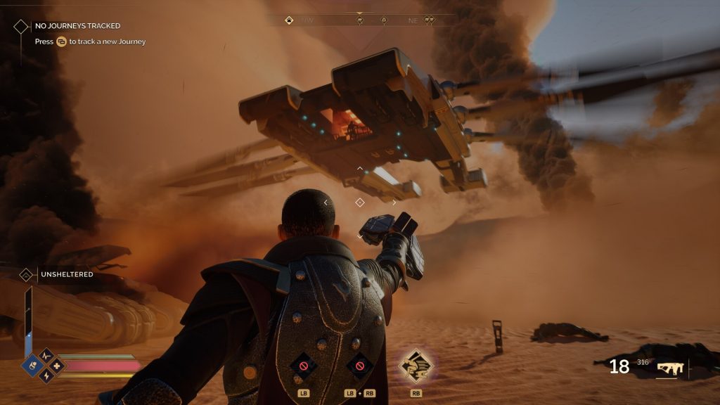 Une scène du gameplay de Dune: Awakening montre un vaisseau en train d’atterrir avec réalisme.