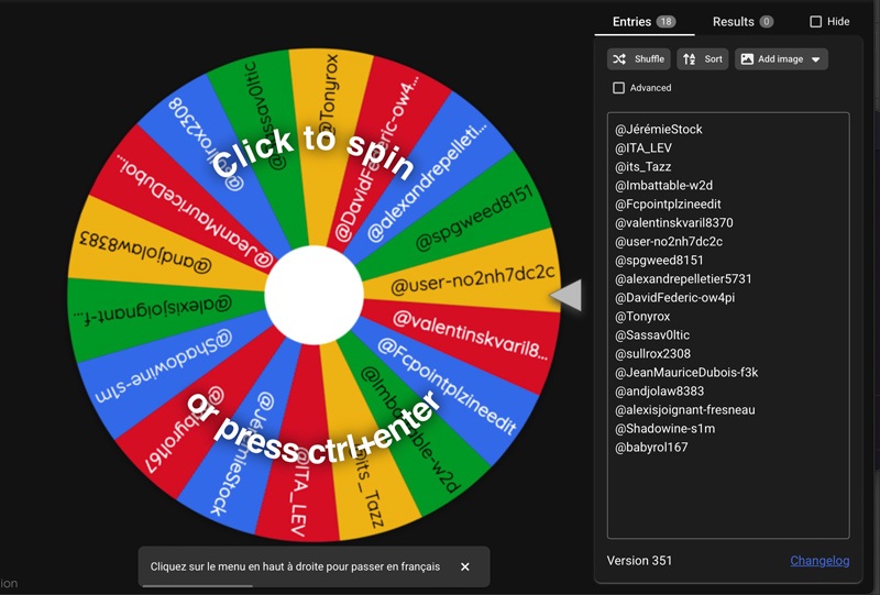 Roue digitale utilisée pour tirer le gagnant au sort.