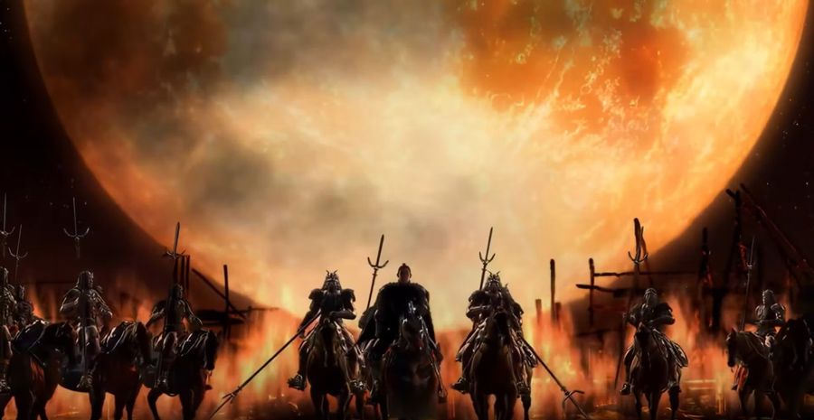 Image marquante d’Onimusha 2 : des samouraïs face à une lune de sang menaçante.