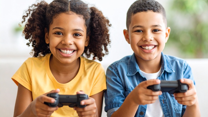 Deux enfants jouant à des jeux vidéos pour illustrer l'impact positif sur les capacités cognitives.