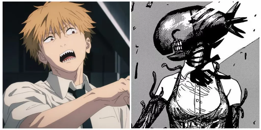 Comparaison visuelle entre l’anime et le manga Chainsaw Man, illustrant les différences de style, de mise en scène et d’émotion entre les deux versions.