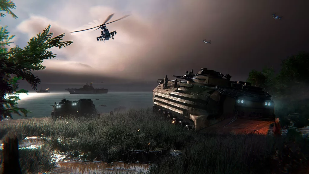 Image du jeu PC Broken Arrow sombre avec un char et un helicoptère.