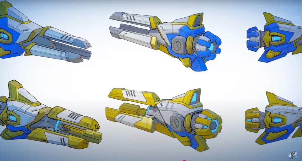 Dessin conceptuel de l’arme Sym, une esquisse aux traits simples qui suggère une arme high-tech en préparation.