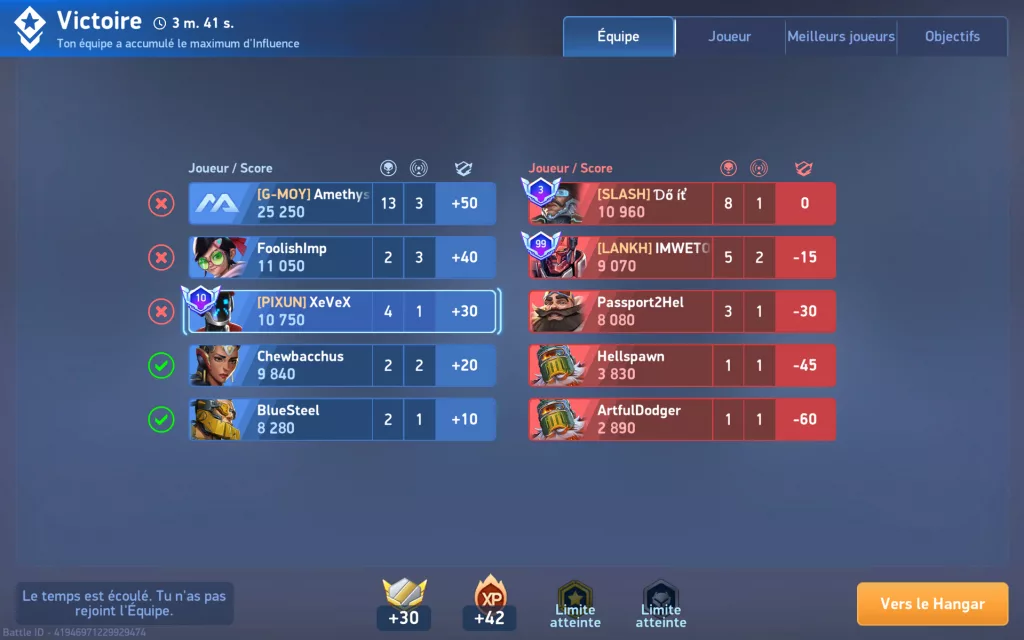 Capture d’un match remporté lors de mon ascension dans le classement de Mech Arena.