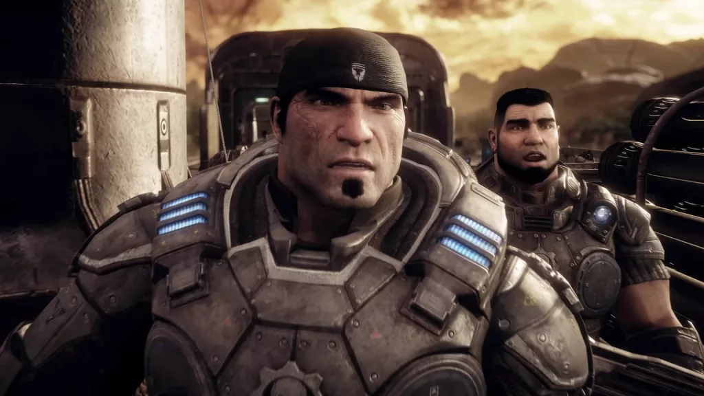 Marcus Fenix, héros emblématique de la saga Gears of War, en armure de combat.