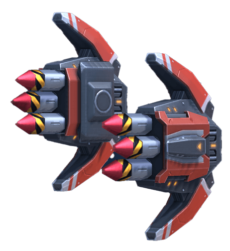 Visuel du Javelin Rack 6 (Mech Arena) : arme à roquettes guidées, salves sur cible verrouillée.