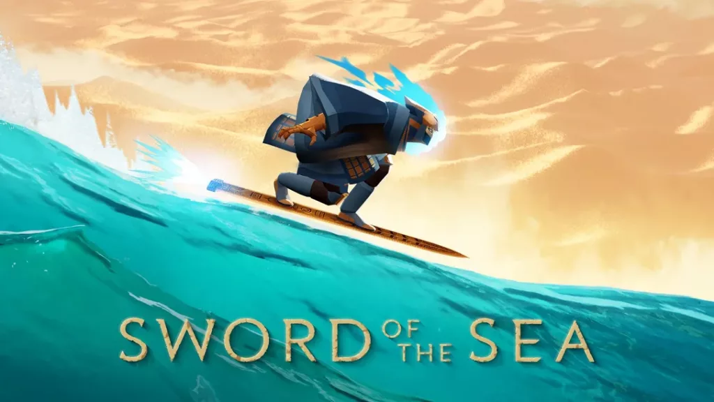 Personnage principal de Sword of the Sea surfant sur son épée dans un paysage onirique, illustrant l’exploration poétique et fluide du jeu.